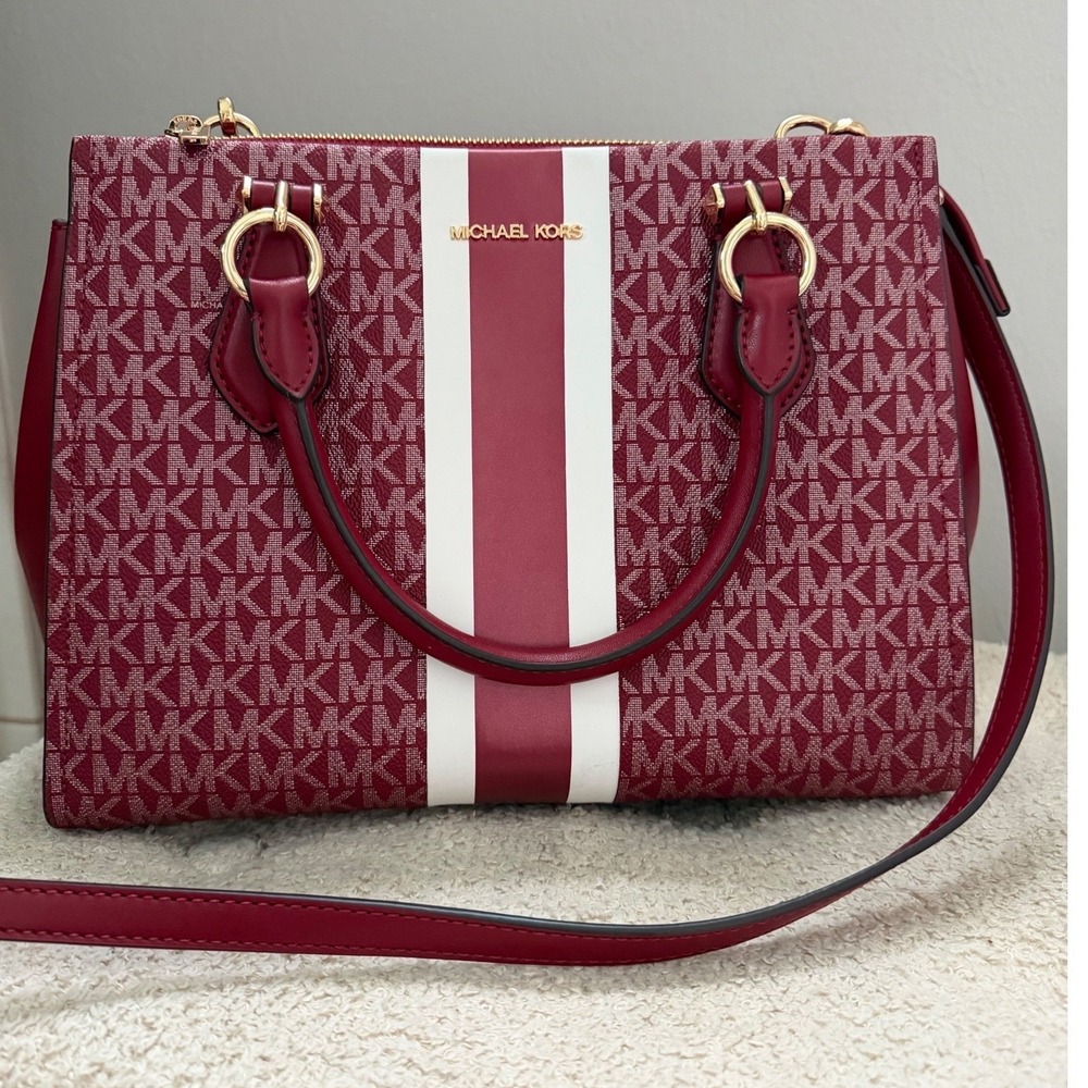 Michael Kors Burgundy Monogram Stripe Satchel Crossbody Bag and Wallet Wristlet - Picture 3 of 16